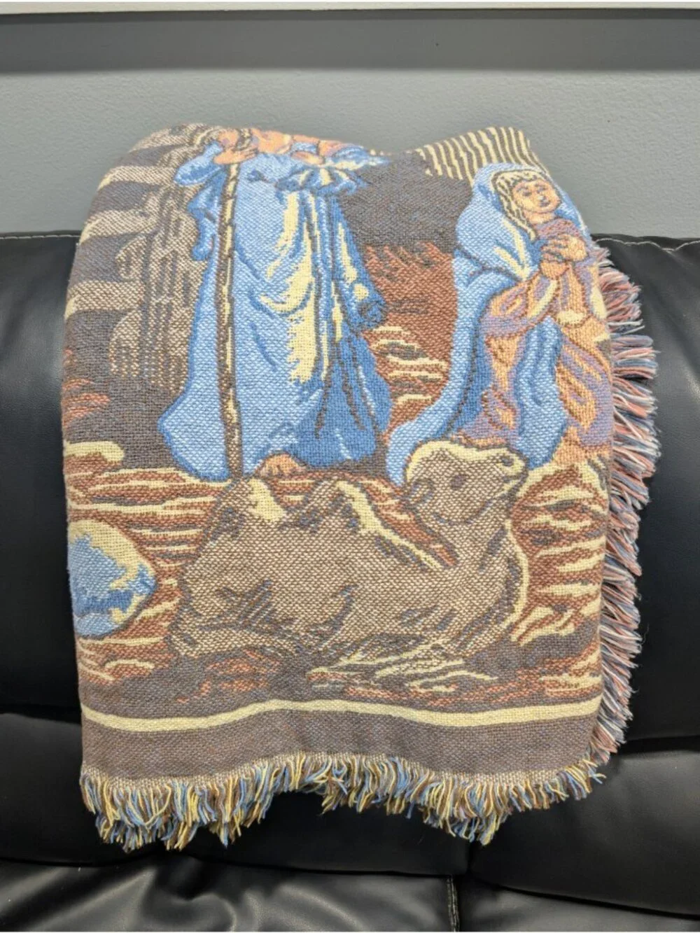 Goodwin Weavers Tapestry Throw Blanket Fringe Trim Nativity 46” X 55” Vintage
